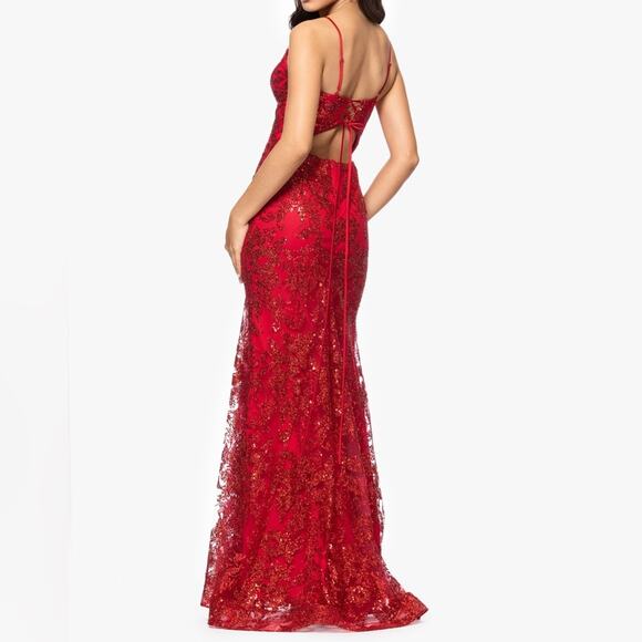 Blondie Nites Juniors' Glitter-Floral V-Neck Gown Red Sz 3 - Picture 5 of 10
